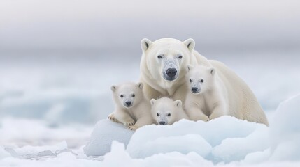 Polar Bear Family on Iceberg in Arctic Landscape.