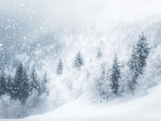 Fototapeta premium Snowy Forest Landscape with Falling Snow in Winter