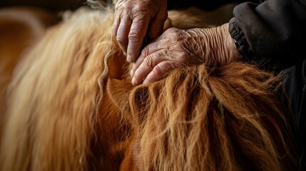 Close-up of hands grooming a horses mane  AI generated illustration