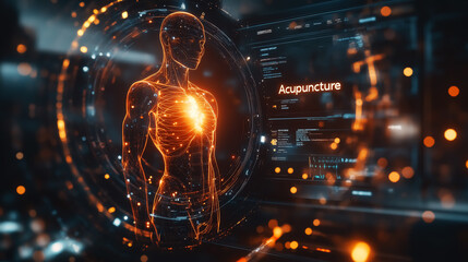 Futuristic visualization of human anatomy highlighting acupuncture, ideal for medical education and wellness event promotions.