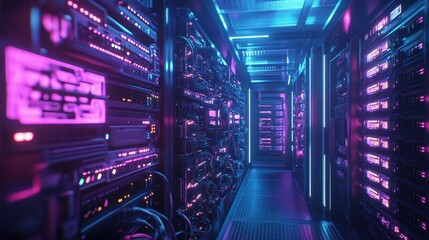 Fototapeta premium Futuristic Server Room with Neon Lights and Cables - High Tech Data Center Interior.