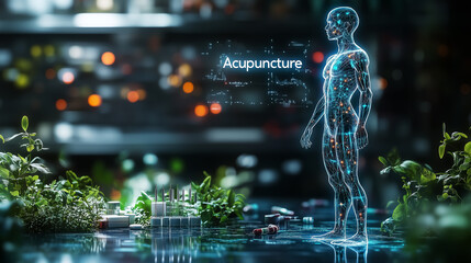 A serene holographic representation of acupuncture, ideal for promoting wellness and holistic healing events.