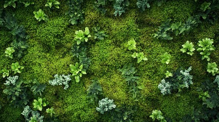Top view green moss forest nature texture background 