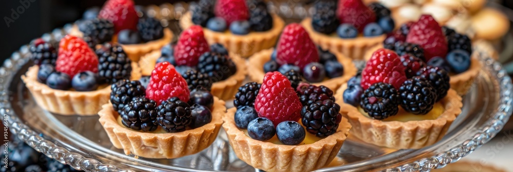 Sticker collection of nine colorful fruit tarts garnished with a variety of fresh blueberries, raspberries, 