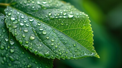 Close-up shot of a pastel green leaf with dew drops  AI generated illustration