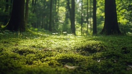 Fototapeta premium Shaded forest floor with lush moss and grass, filtered sunlight, soft shadows, low angle, tranquil and cool