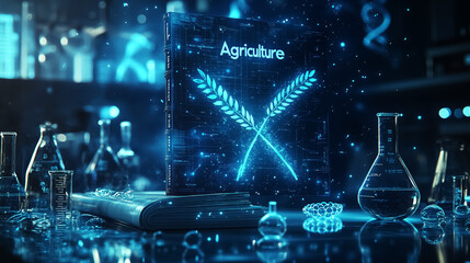 Futuristic digital representation of agriculture focused on biotechnology, suitable for educational purposes and events related to sustainable farming.