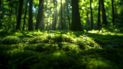 Fototapeta premium Shaded forest floor with lush moss and grass, filtered sunlight, soft shadows, low angle, tranquil and cool