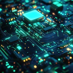 Obraz premium Futuristic Circuit Board with Glowing Green and Orange Lights.