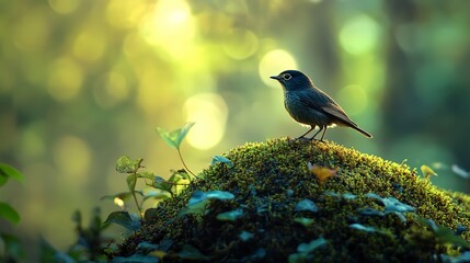 Obraz premium there is a small bird sitting on top of a moss covered hill