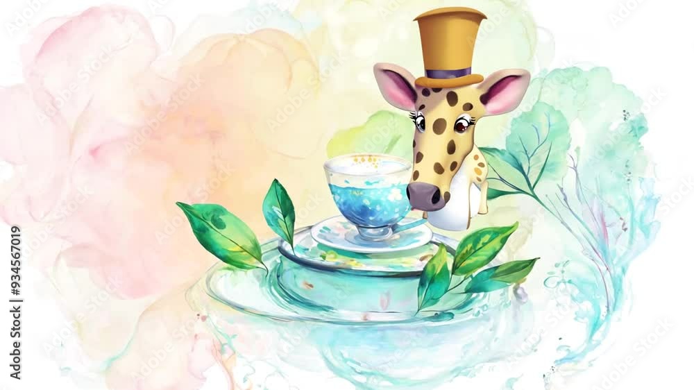 Poster whimsical giraffe enjoying tea in a colorful serene setting generative ai