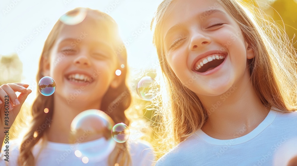 Canvas Prints Two girls are smiling and holding bubbles