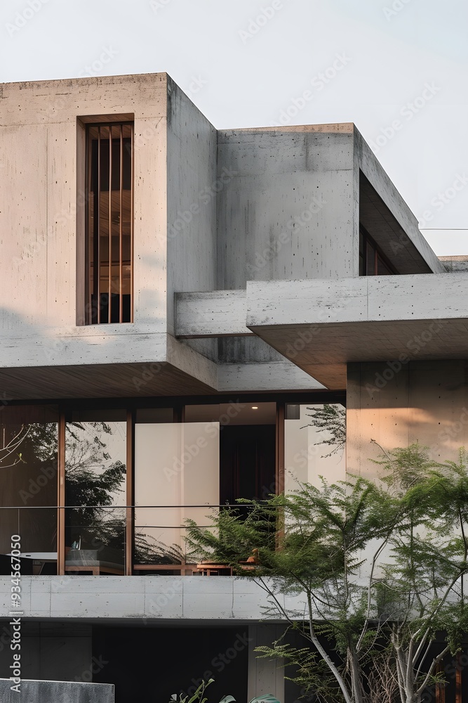 Poster close-up view of a house designed using raw materials and neutral colors for a minimalistic effect a