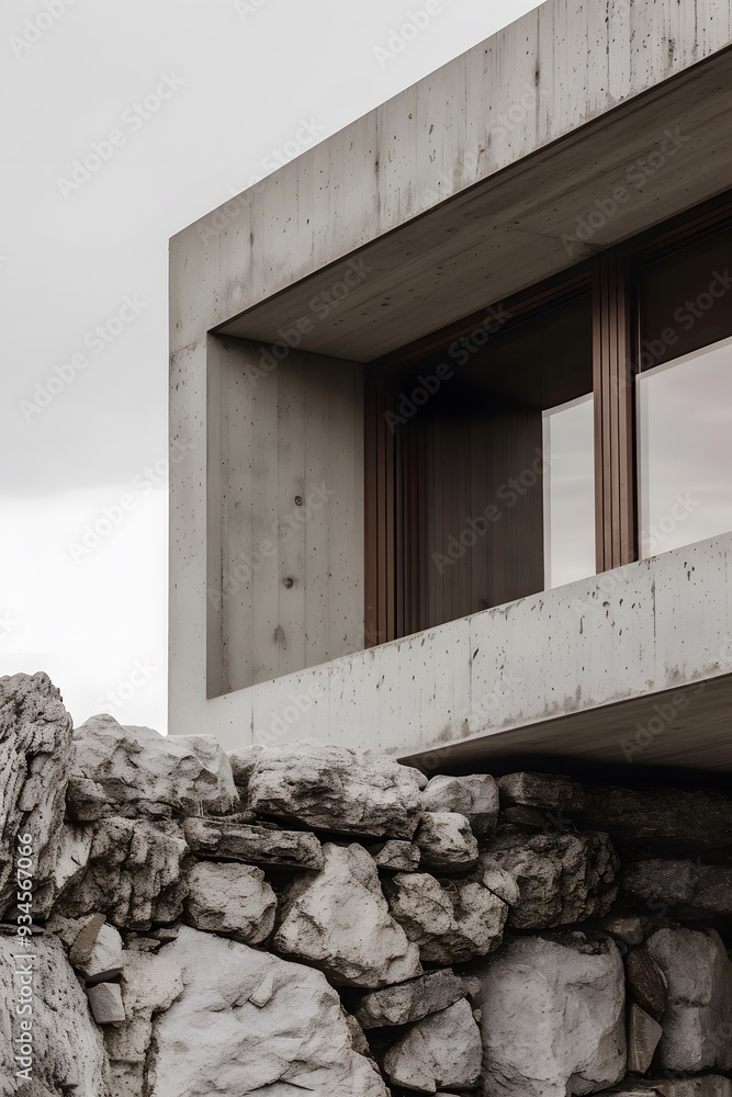 Poster close-up view of a house designed using raw materials and neutral colors for a minimalistic effect a