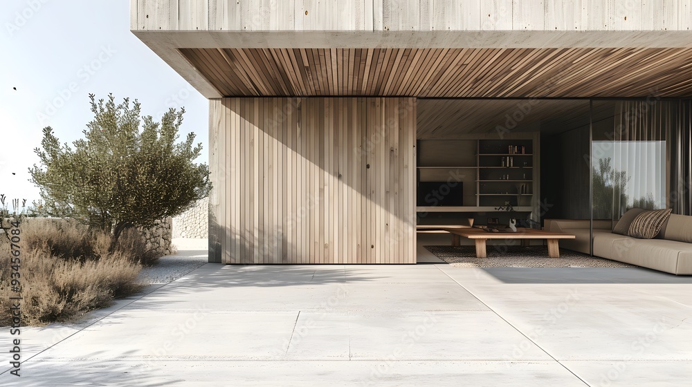 Poster close-up view of a house designed using raw materials and neutral colors for a minimalistic effect a