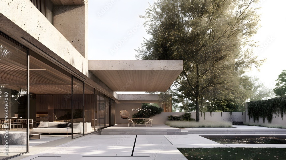 Poster close-up view of a house designed using raw materials and neutral colors for a minimalistic effect a