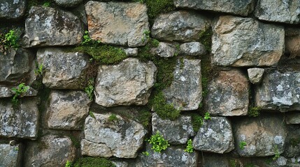 Aged stone wall texture background with weathered stones and moss growth in the crevices