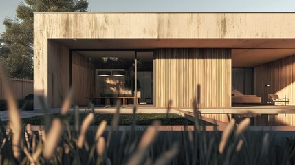 Close-up view of a house designed using raw materials and neutral colors for a minimalistic effect  AI generated illustration