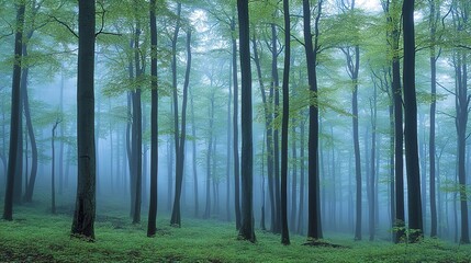 Obraz premium Beech forest (Fagus sylvatica) in early morning mist, Spessart, Bavaria, Germany, Europe