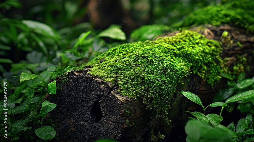 Poster this close-up view showcases a weathered log covered in vibrant green moss within a dense forest set