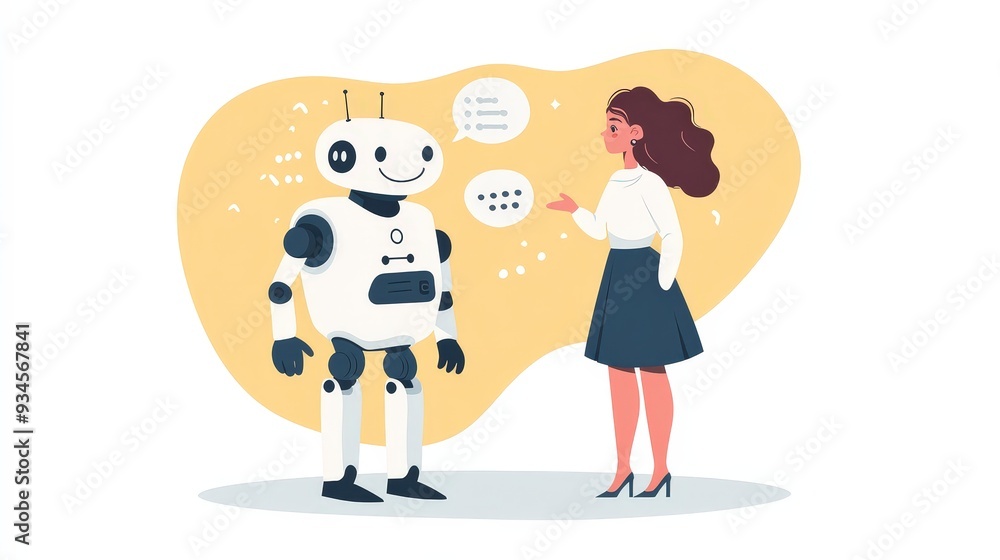 Aufkleber human-ai interaction: woman engaging with smiling robot through text and speech bubbles