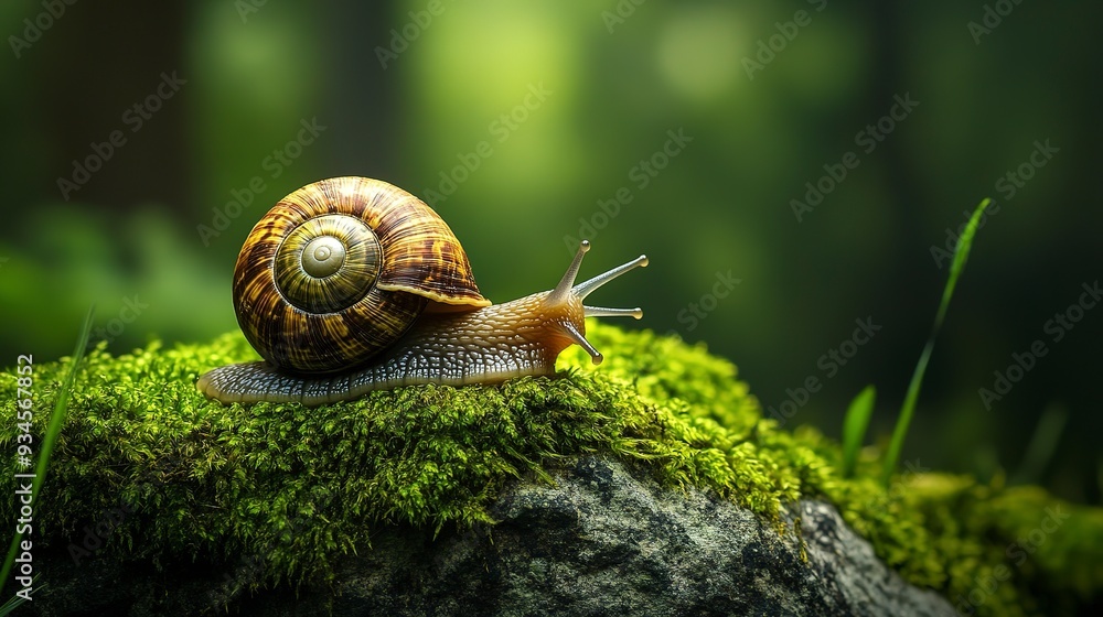 Poster a brown snail with a spiral shell moving across a vibrant green moss-covered rock in a forest settin