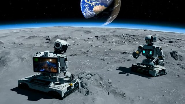 Robots Exploring the Lunar Surface With Earth Visible in the Distance Generative AI