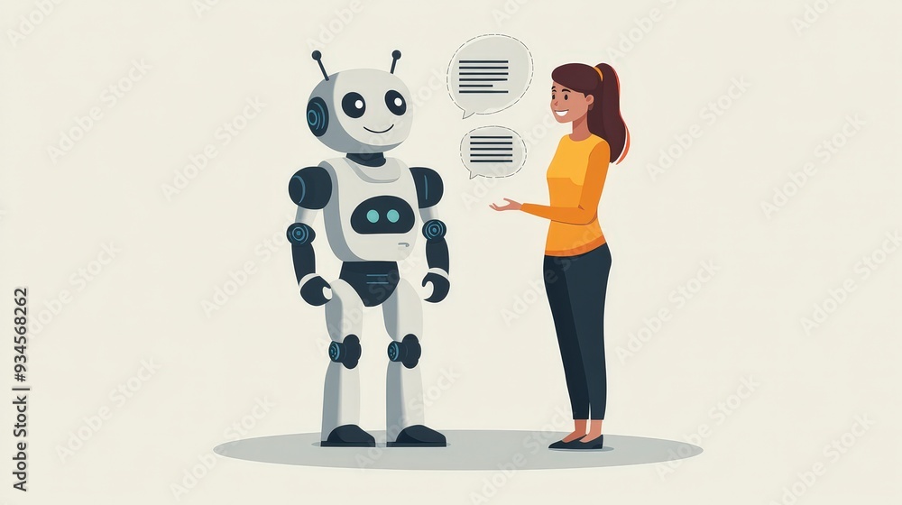Poster human-ai interaction: woman communicating with smiling robot through text and speech bubbles