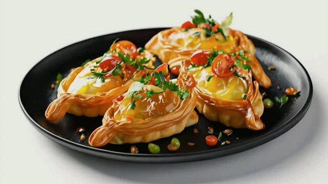 A plate of pastel, the golden-brown, crispy pastries filled with savory ingredients like vegetables and meat, served on black plate, isolated on white background