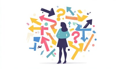 Fototapeta premium Decision Making Concept - Woman Surrounded by Colorful Arrows and Question Marks in Flat Design Illustration