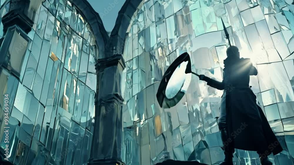 Poster figure stands in a reflective structure during golden hour light generative ai