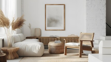 Contemporary room with a minimalistic cinema poster encased in a wooden frame  AI generated illustration