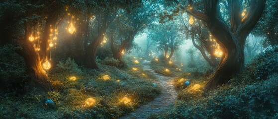 Enchanted Forest Path with Glowing Lights and Fog.