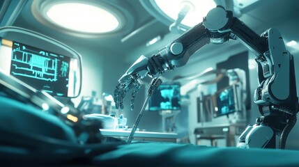 Fototapeta premium Robotic Arm Performing Surgery In Futuristic Operating Room.