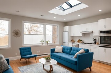 A living room with a blue couch and two chairs. The room has a modern feel with white walls and a skylight