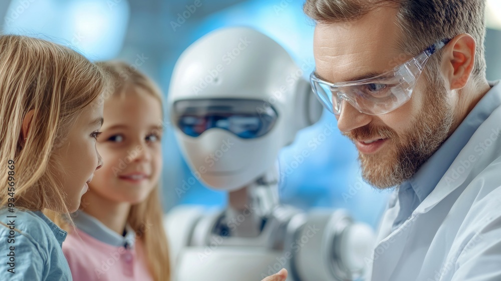 Poster a man in a lab coat is talking to two children and a robot