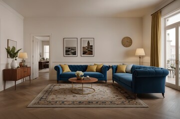 Fototapeta premium A living room with a blue couch and a coffee table. The couch is facing the window and the coffee table is in front of it. There are two clocks on the wall and a vase on the coffee table