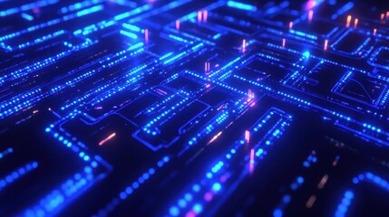 Abstract Futuristic Circuit Board with Blue and Pink Glowing Lights.