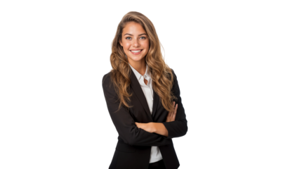 Portrait of a smiling businesswoman, a professional and confident woman in suit, isolated on transparent background