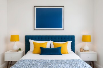 A blue and yellow bed with pillows and a framed blue picture on the wall