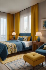 A bedroom with a yellow and blue color scheme