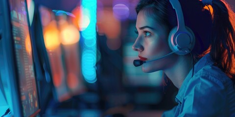 Expert consultant delivering customer assistance in online commerce and communication services using a headset in a call center, along with a business advisor offering virtual support and guidance.