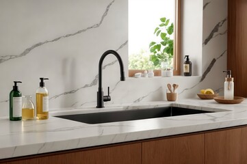 A kitchen sink with a black faucet and a white countertop