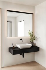Obraz premium A bathroom with a black sink and a mirror. The sink is white and has a plant on it