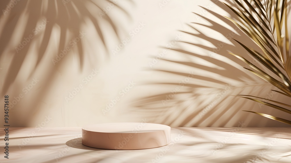 Poster cosmetic podium display within an abstract minimal design featuring a tropical palm leaf shadow on t