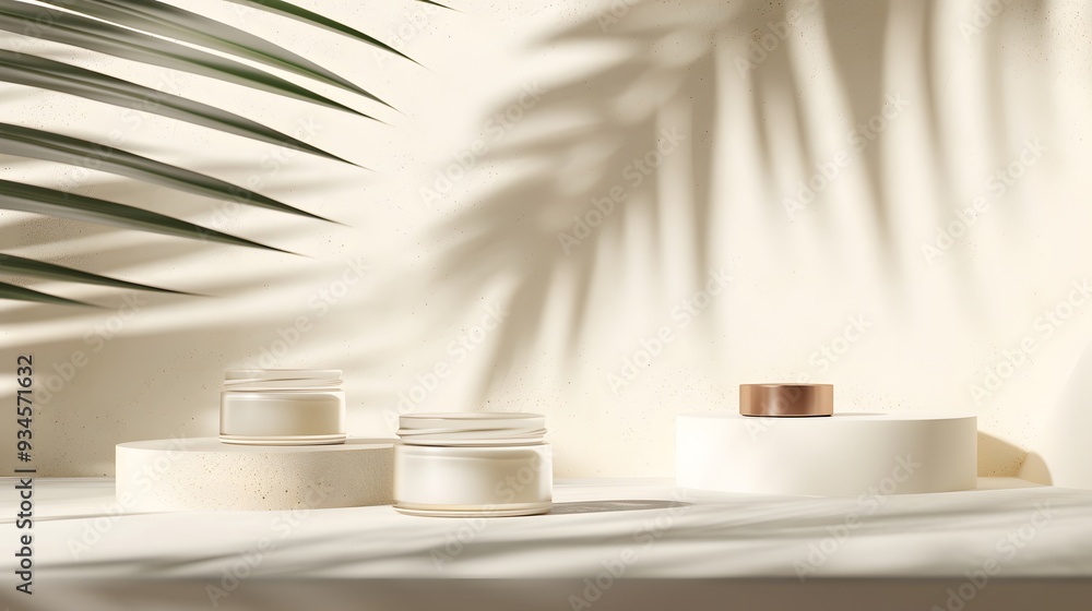 Poster cosmetic podium display within an abstract minimal design featuring a tropical palm leaf shadow on t