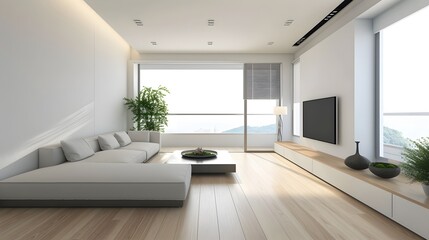 Create a 3D  design of a modern minimalist living room interior  AI generated illustration