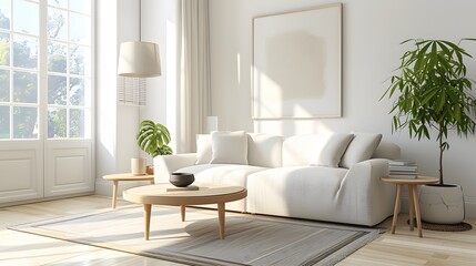 Create a 3D  design of a modern minimalist living room interior  AI generated illustration