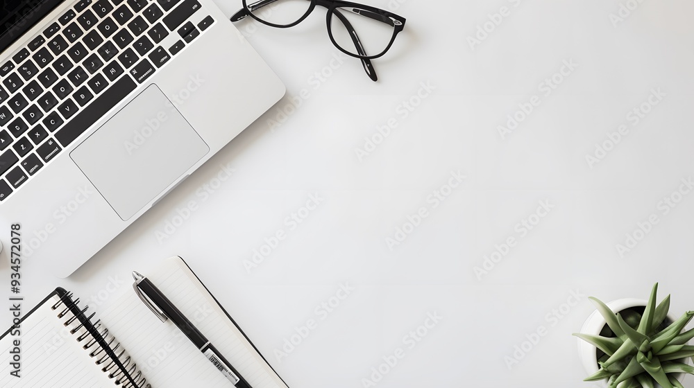 Aufkleber create a minimalistic crystal clear flat lay view of a white table with a laptop notebook pen and gl