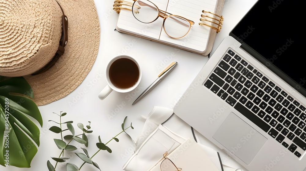Poster create a minimalistic crystal clear flat lay view of a white table with a laptop notebook pen and gl